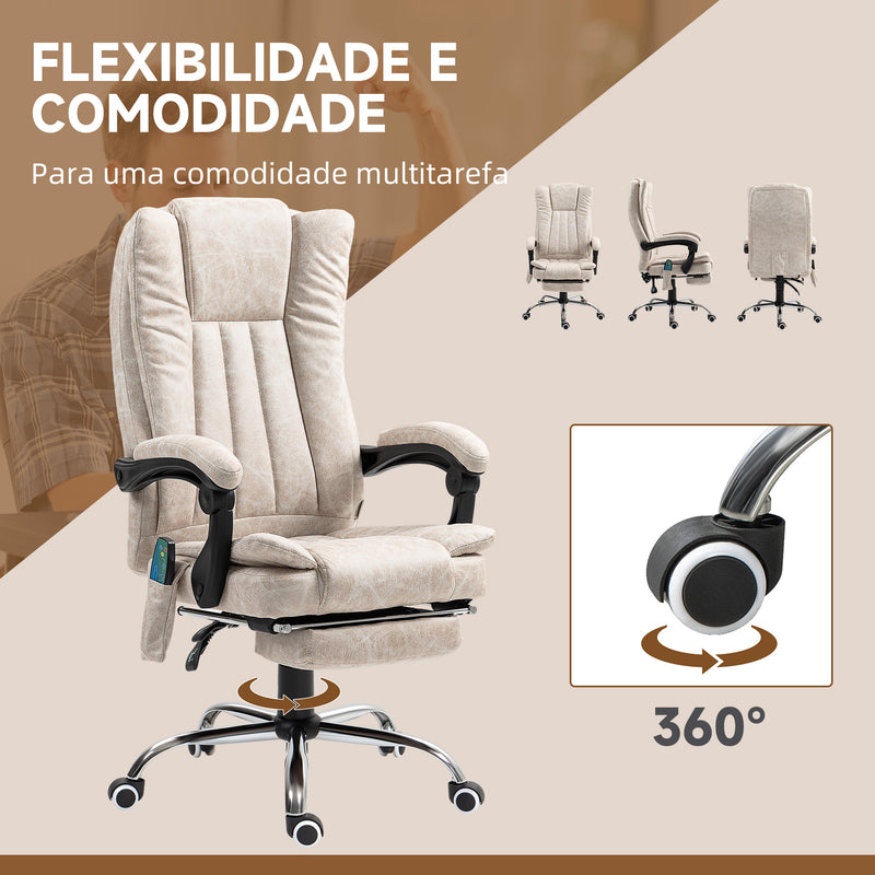 Cadeira de Massagem com 6 Pontos de Massagem Cadeira giratória de Escritório Reclinável com Altura Ajustável Função de Aquecimento Apoio para os Pés Retrátil e Comando à Distância Creme