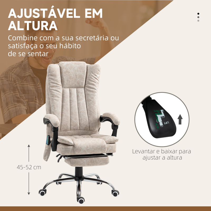 Cadeira de Massagem com 6 Pontos de Massagem Cadeira giratória de Escritório Reclinável com Altura Ajustável Função de Aquecimento Apoio para os Pés Retrátil e Comando à Distância Creme