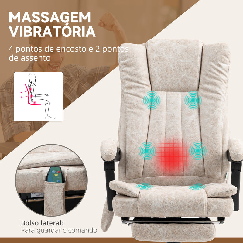 Cadeira de Massagem com 6 Pontos de Massagem Cadeira giratória de Escritório Reclinável com Altura Ajustável Função de Aquecimento Apoio para os Pés Retrátil e Comando à Distância Creme