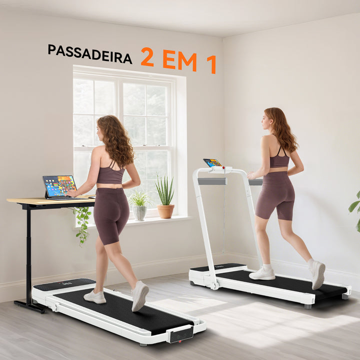 Passadeira Dobrável 7% Inclinação, Caminhadora Elétrica 0-12 KM/H, 2 em 1 para usar sob a Secretária, com Motor de 2.5HP, Ecrã LED, Controlo Remoto e Suporte Integrado, para Casa e Escritório