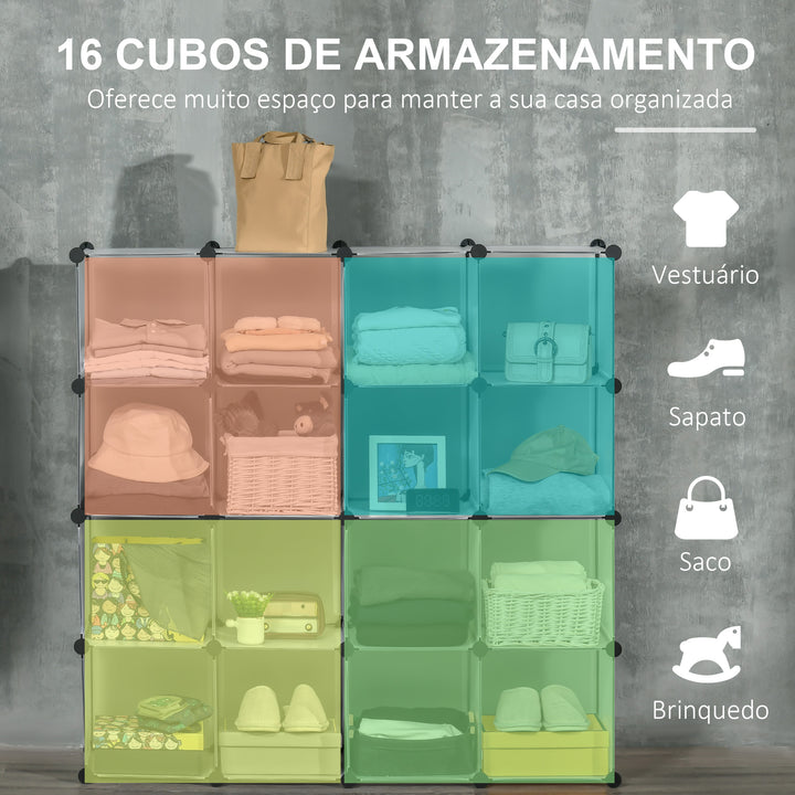 Armário Modular de Plástico Organizador de Sapatos com 16 Cubos de 30x30x30cm para Entrada Corredor Quarto 125x32x125 cm Transparente