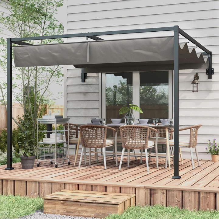 Pérgola de Parede 297x211x220 cm Pérgola de Jardim com Teto Retrátil e Estrutura de Aço Pérgola para Pátio Exterior Cinza Escuro