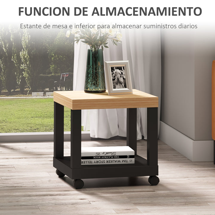 Mesa de Apoio para sofá mesa lateral com prateleira aberta, rodas e freios 40x40x40 Preto e Madeira