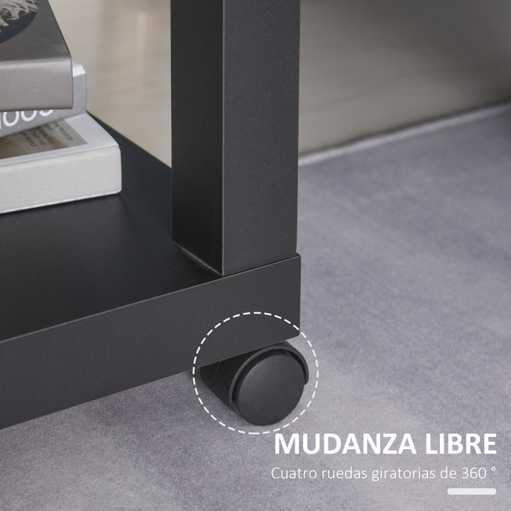 Mesa de Apoio para sofá mesa lateral com prateleira aberta, rodas e freios 40x40x40 Preto e Madeira