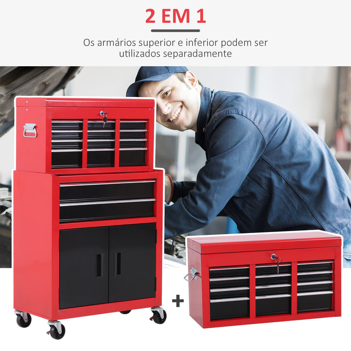 Carrinho de Ferramentas com Baú Superior 2 em 1 Carrinho de Oficina com 6 Gavetas Armário Fechadura 4 Ganchos 2 Rodas com Travão para Garagem e Casa Vermelho