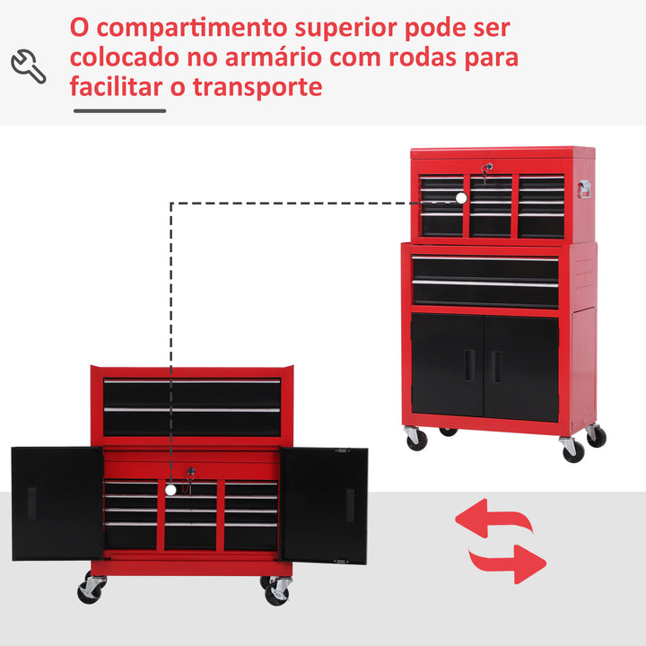 Carrinho de Ferramentas com Baú Superior 2 em 1 Carrinho de Oficina com 6 Gavetas Armário Fechadura 4 Ganchos 2 Rodas com Travão para Garagem e Casa Vermelho