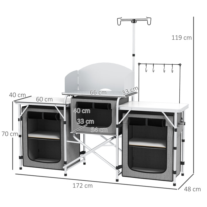 Móvel de Cozinha para Campismo Armário para Campismo Dobrável com 3 Tampos 3 Armários Suporte de Luz 4 Ganchos e Bolsa de Transporte para Campismo Piquenique 172x48x119 cm Cinza