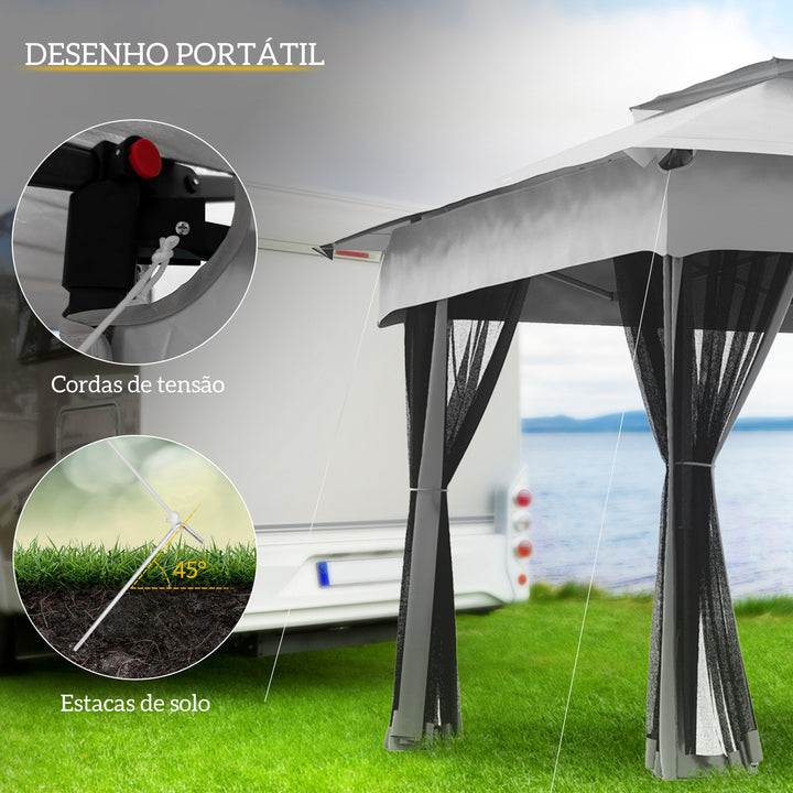 Tenda Dobrável Exterior 325x325x270 cm Tenda de Jardim com Teto Duplo Rede Mosquiteira Amovível e Bolsa de Transporte para Jardim Pátio Cinzento