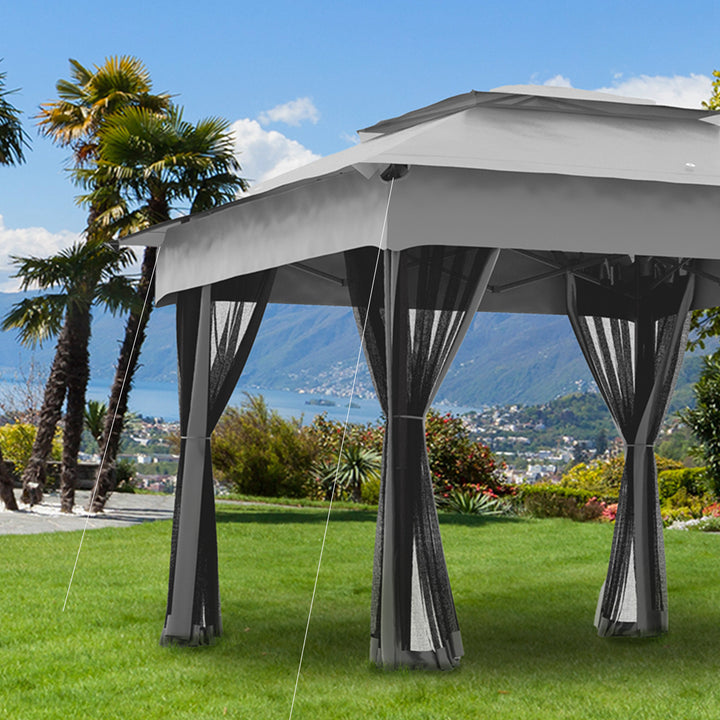 Tenda Dobrável Exterior 325x325x270 cm Tenda de Jardim com Teto Duplo Rede Mosquiteira Amovível e Bolsa de Transporte para Jardim Pátio Cinzento