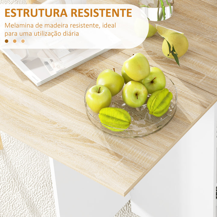 Mesa de Cozinha Dobrável Mesa de Sala de Jantar com Rodas Laterais Rebatíveis Gaveta e Prateleiras Mesa Dobrável para 2-4 Pessoas 120x72x75 cm Madeira e Branco
