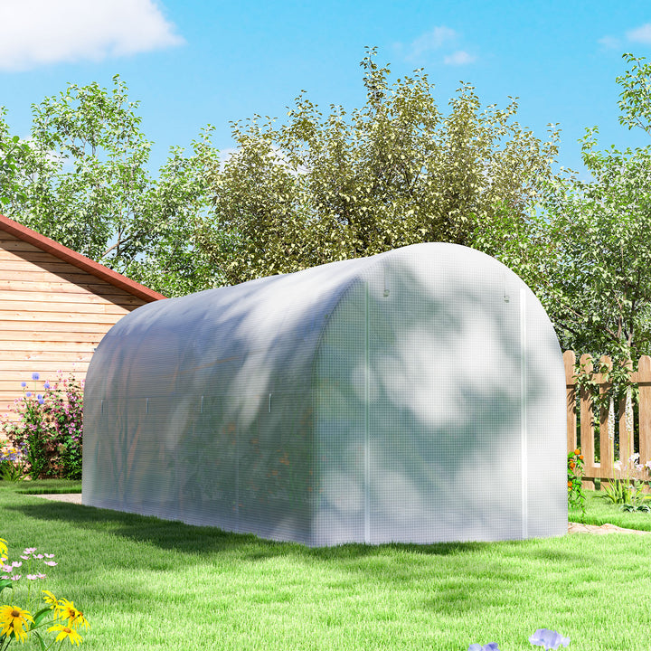 Estufa tipo Túnel 500x200x205 cm Estufa de Jardim com Porta Enrolável e 8 Janelas Cobertura de PE 140 g/m² Estrutura de Metal para Cultivo de Plantas Verduras Branco