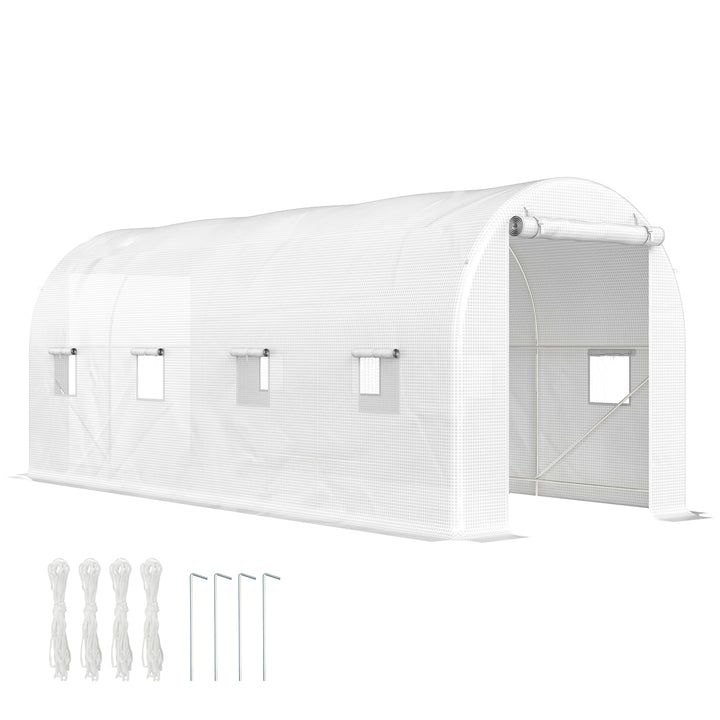Estufa tipo Túnel 500x200x205 cm Estufa de Jardim com Porta Enrolável e 8 Janelas Cobertura de PE 140 g/m² Estrutura de Metal para Cultivo de Plantas Verduras Branco