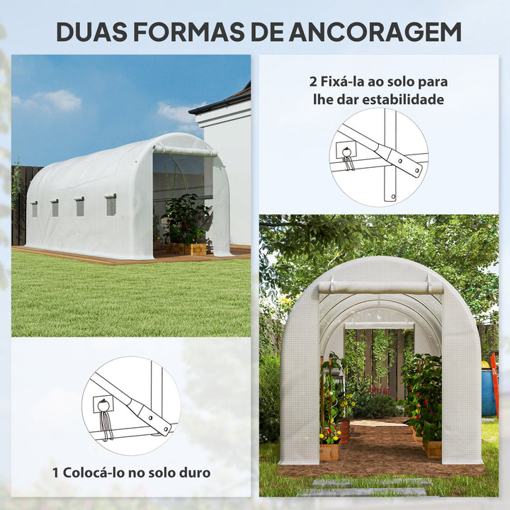 Estufa tipo Túnel 500x200x205 cm Estufa de Jardim com Porta Enrolável e 8 Janelas Cobertura de PE 140 g/m² Estrutura de Metal para Cultivo de Plantas Verduras Branco