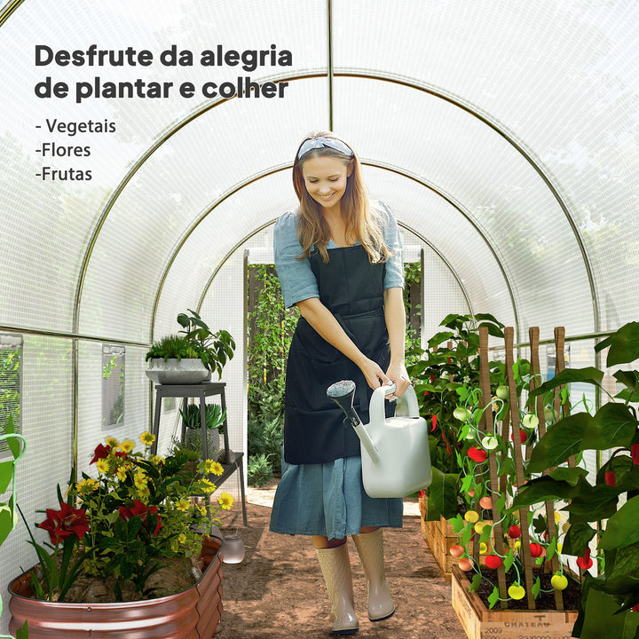Estufa tipo Túnel 500x200x205 cm Estufa de Jardim com Porta Enrolável e 8 Janelas Cobertura de PE 140 g/m² Estrutura de Metal para Cultivo de Plantas Verduras Branco