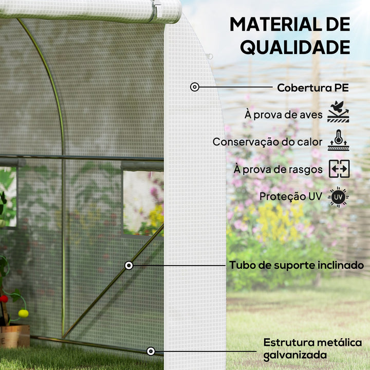 Estufa tipo Túnel 500x200x205 cm Estufa de Jardim com Porta Enrolável e 8 Janelas Cobertura de PE 140 g/m² Estrutura de Metal para Cultivo de Plantas Verduras Branco