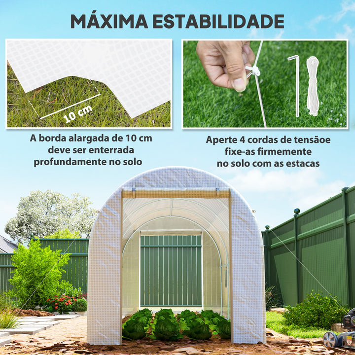 Estufa tipo Túnel 500x200x205 cm Estufa de Jardim com Porta Enrolável e 8 Janelas Cobertura de PE 140 g/m² Estrutura de Metal para Cultivo de Plantas Verduras Branco