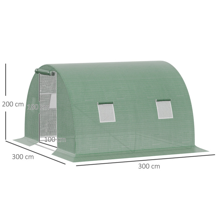 Estufa Tipo Túnel 3x3x2 m Estufa de Exterior com Paredes Laterais Enroláveis 4 Janelas de Malha e Porta Enrolável com Fecho de Correr para Jardim Pátio Verde