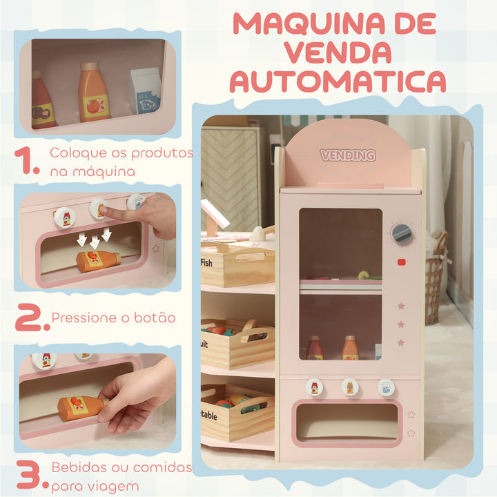 Supermercado de Brinquedo em Madeira Loja com Caixa Registadora Máquina de Venda Automática 3 Prateleiras Abertas 4 Compartimentos e Caixas Etiquetadas para Crianças acima de 3 Anos 90,7x60x73,8 cm Rosa