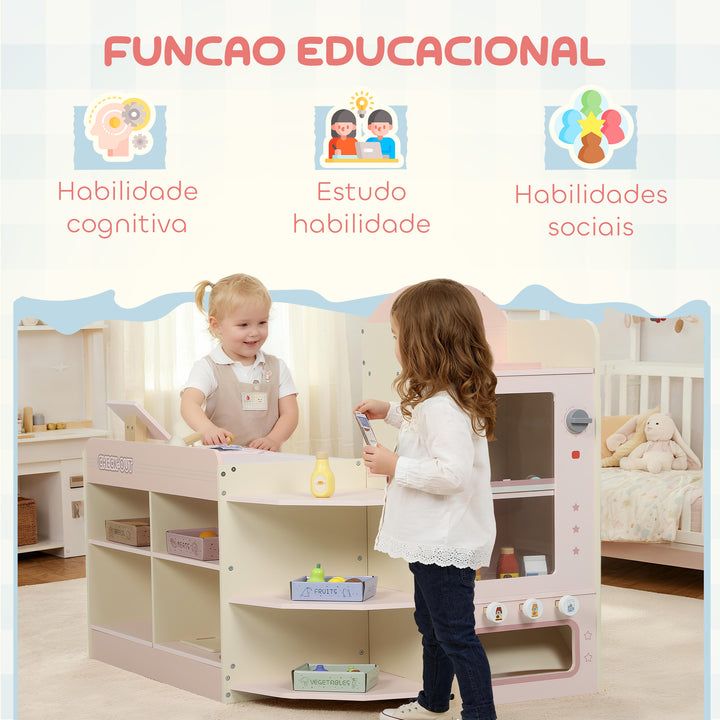 Supermercado de Brinquedo em Madeira Loja com Caixa Registadora Máquina de Venda Automática 3 Prateleiras Abertas 4 Compartimentos e Caixas Etiquetadas para Crianças acima de 3 Anos 90,7x60x73,8 cm Rosa