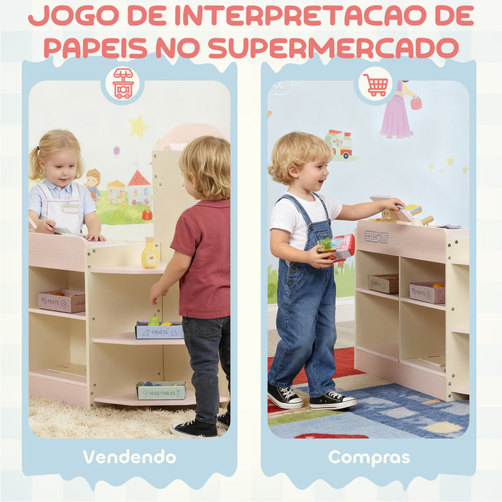 Supermercado de Brinquedo em Madeira Loja com Caixa Registadora Máquina de Venda Automática 3 Prateleiras Abertas 4 Compartimentos e Caixas Etiquetadas para Crianças acima de 3 Anos 90,7x60x73,8 cm Rosa
