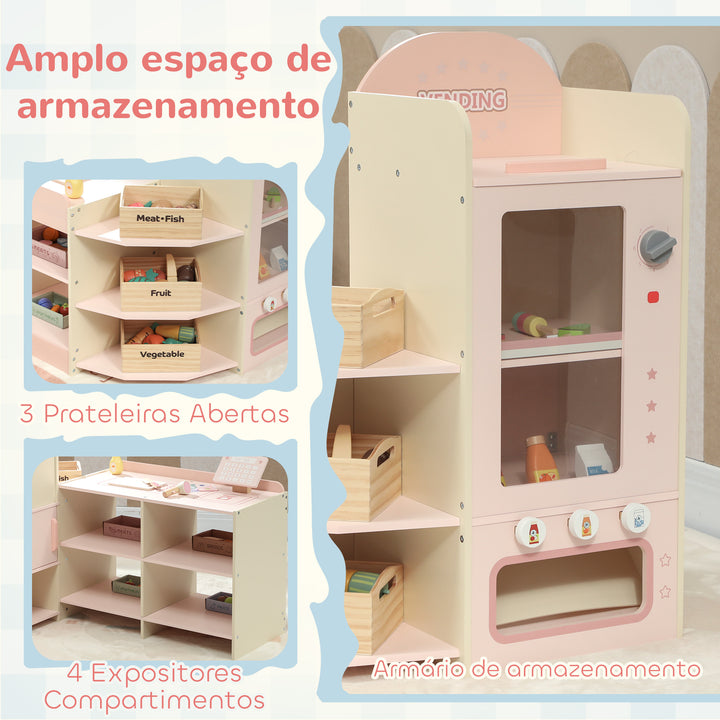 Supermercado de Brinquedo em Madeira Loja com Caixa Registadora Máquina de Venda Automática 3 Prateleiras Abertas 4 Compartimentos e Caixas Etiquetadas para Crianças acima de 3 Anos 90,7x60x73,8 cm Rosa
