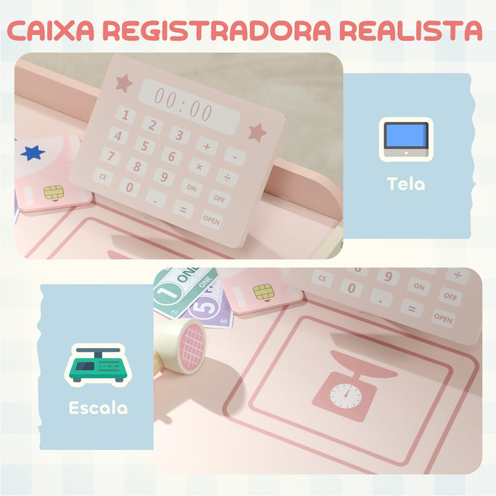 Supermercado de Brinquedo em Madeira Loja com Caixa Registadora Máquina de Venda Automática 3 Prateleiras Abertas 4 Compartimentos e Caixas Etiquetadas para Crianças acima de 3 Anos 90,7x60x73,8 cm Rosa