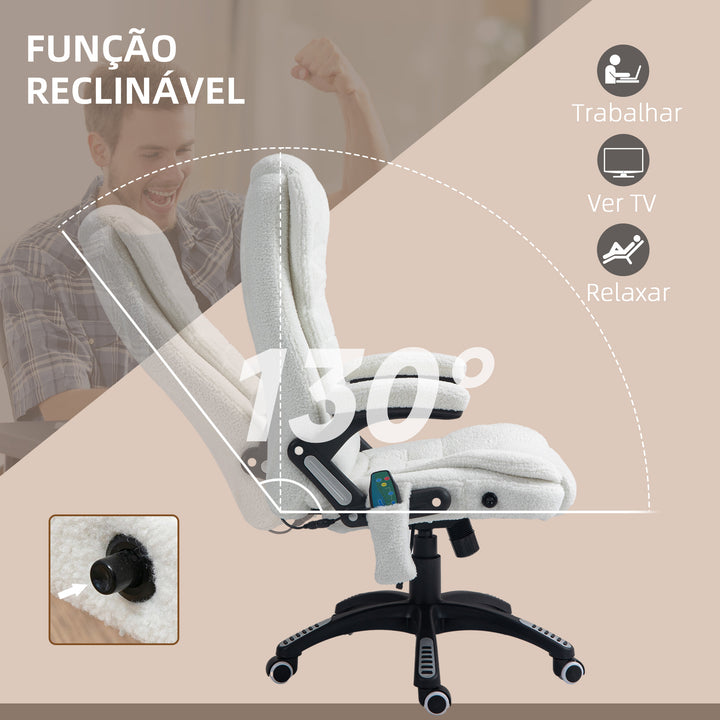 Cadeira de Massagem com 6 Pontos de Massagem Cadeira de Escritório Reclinável até 130° com Função de Aquecimento Altura Ajustável e Rodas para Estúdio 67x74x107-116 cm Branco