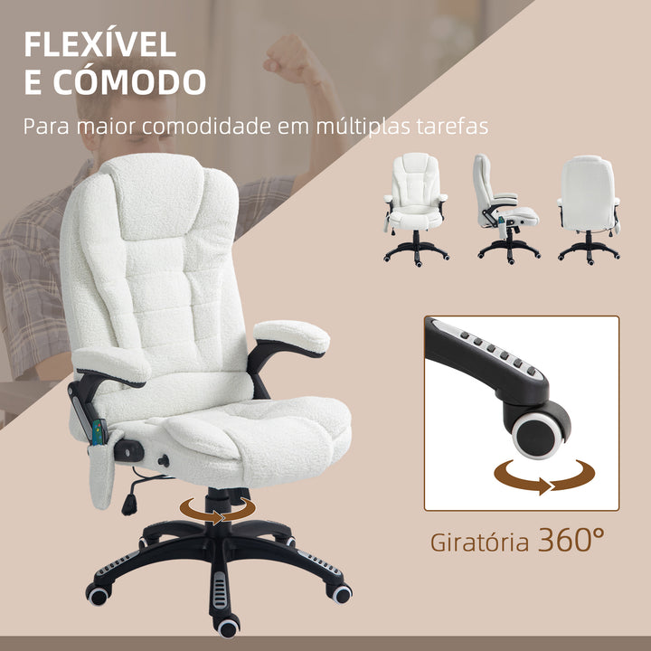 Cadeira de Massagem com 6 Pontos de Massagem Cadeira de Escritório Reclinável até 130° com Função de Aquecimento Altura Ajustável e Rodas para Estúdio 67x74x107-116 cm Branco