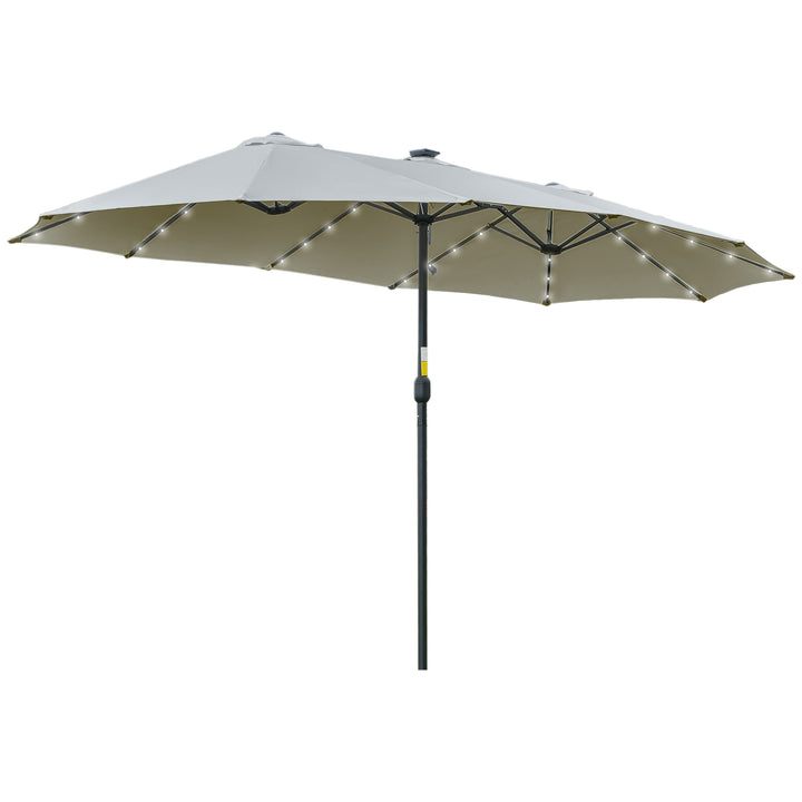 Chapéu de Sol Duplo de Jardim com 48 Luzes LED Solar 450x265x240cm Chapéu de Sol de Exterior com Manivela Proteção Solar para Terraço Balcão Piscina Cinza Claro
