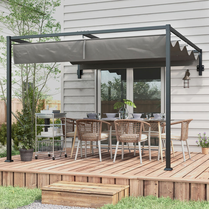 Pérgola de Parede 297x211x220 cm Pérgola de Jardim com Teto Retrátil e Estrutura de Aço Pérgola para Pátio Exterior Cinza Escuro