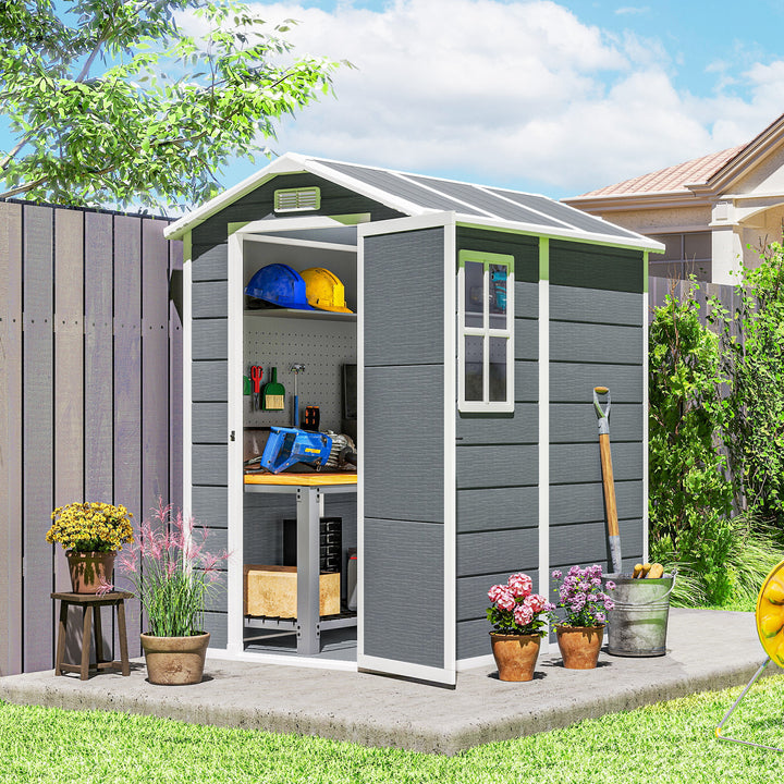 Abrigo de Jardim Exterior 2,1 m² 131x186x198 cm Abrigo de Jardim Exterior com Piso Janela Porta com Fechadura Ventilações para Armazenamento de Ferramentas Cinzento