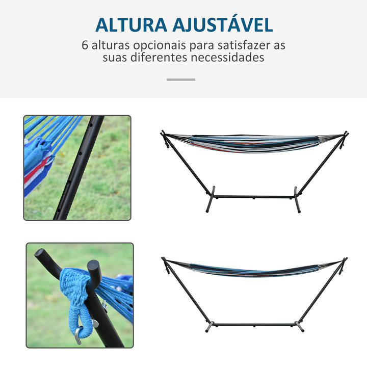 Cama Rede com Suporte 310x117 cm Cama Rede de Campismo com Bolsa de Transporte Portátil Altura Ajustável Capacidade 120 kg para Pátio Varanda Azul e Branco