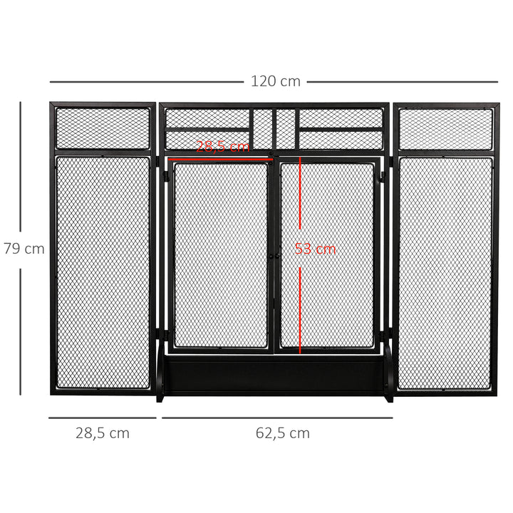 Frente de Lareira Dobrável Frente para Lareira com 3 Painéis com Porta Dupla e Pés Adicionais Estrutura de Metal 120x11,5x79cm Preto