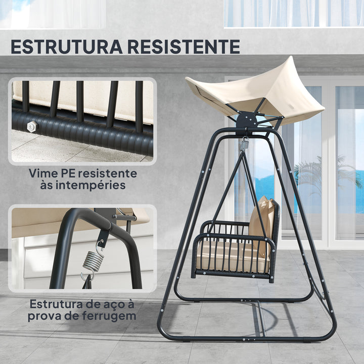 Baloiço de Jardim de 2 Lugares Baloiço Exterior com Toldo Retrátil Almofadas e Estrutura de Aço com Vime PE Anti-UV para Varanda Terraço Pátio Carga 240 kg 149x121x180 cm Caqui