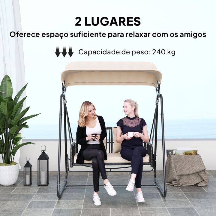 Baloiço de Jardim de 2 Lugares Baloiço Exterior com Toldo Retrátil Almofadas e Estrutura de Aço com Vime PE Anti-UV para Varanda Terraço Pátio Carga 240 kg 149x121x180 cm Caqui