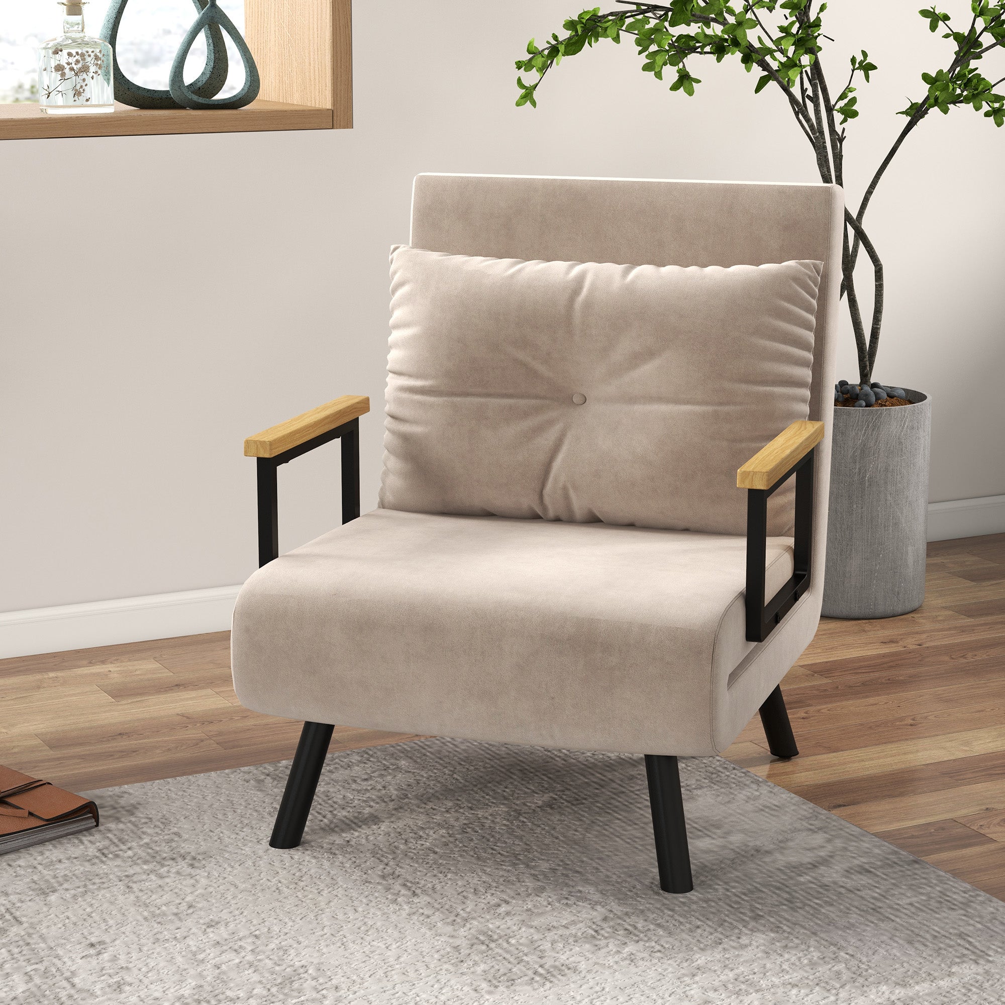 Poltrona Convertível em Cama Dobrável Poltrona 3 em 1 Convertível em Cama com Encosto Ajustável em 5 Níveis e Almofada Acolchoada para Escritório Sala de Estar Carga 120 kg 63x73x81 cm Bege