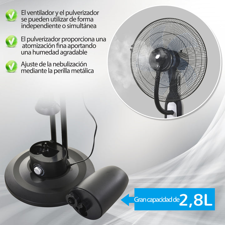 Ventilador de pé com nebulizador de água oscilante e silencioso com 3 velocidades potência 90W Tanque 2,8 L Ø44,5x120 cm Preto