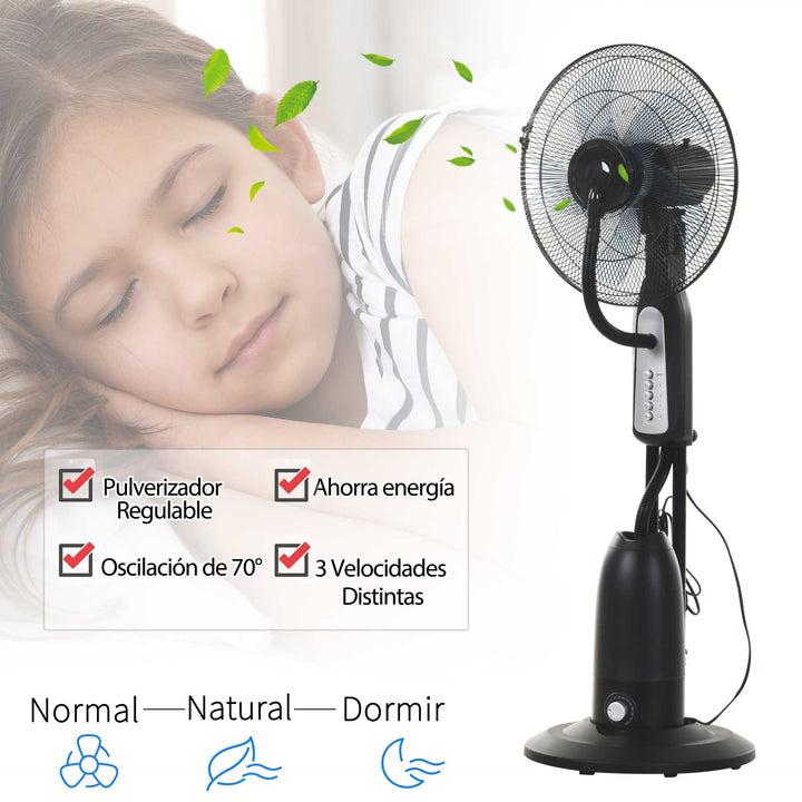 Ventilador de pé com nebulizador de água oscilante e silencioso com 3 velocidades potência 90W Tanque 2,8 L Ø44,5x120 cm Preto