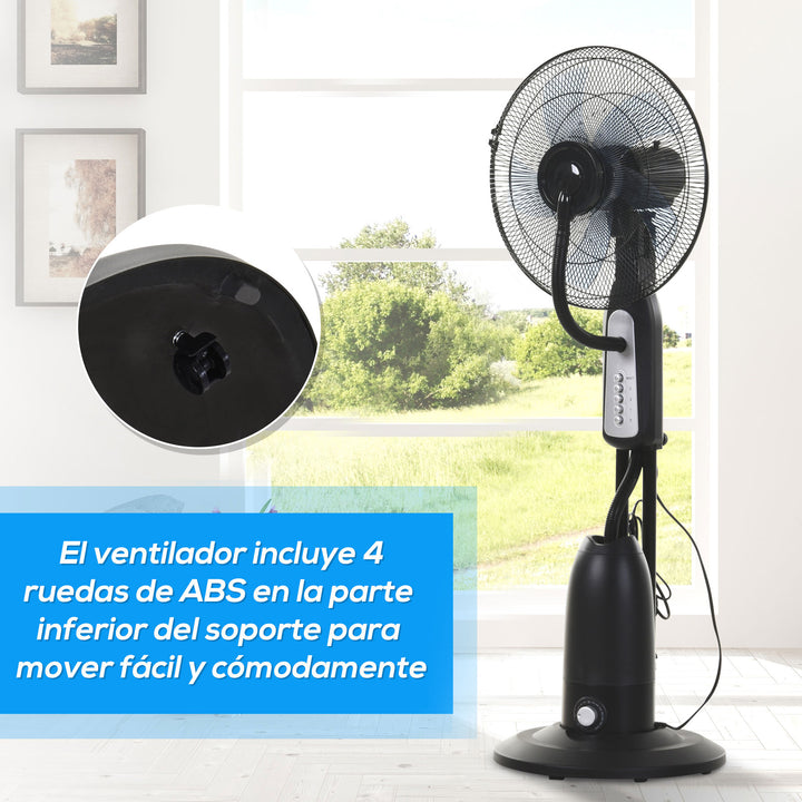 Ventilador de pé com nebulizador de água oscilante e silencioso com 3 velocidades potência 90W Tanque 2,8 L Ø44,5x120 cm Preto