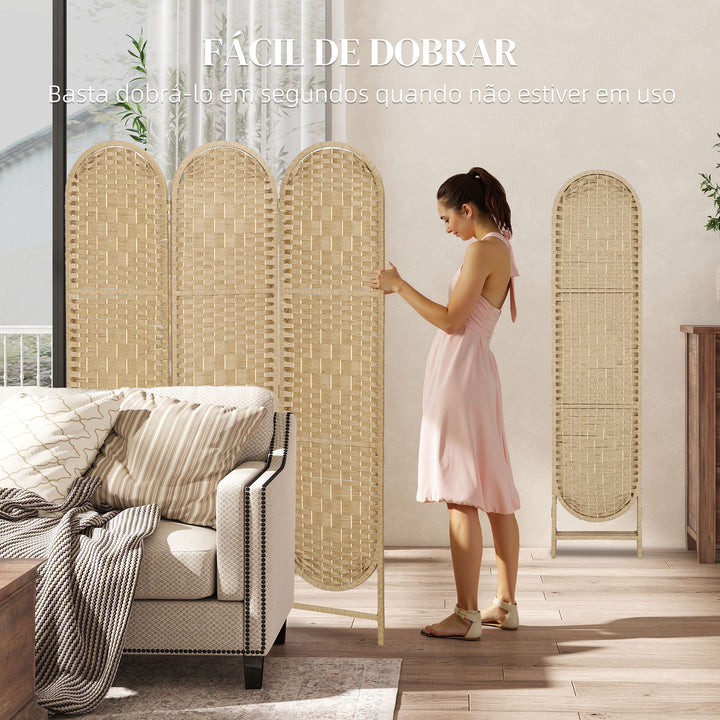 Biombo Separador de Ambientes 3 Painéis 120x170 cm Painel de Privacidade Dobrável Boémio com Topo Arqueado Entrançado à Mão Divisor para Escritório Quarto Madeira