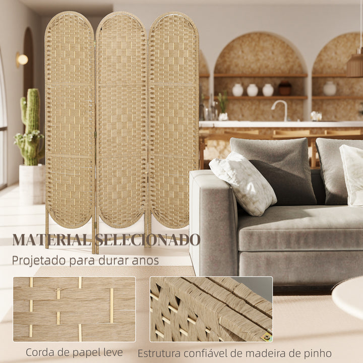 Biombo Separador de Ambientes 3 Painéis 120x170 cm Painel de Privacidade Dobrável Boémio com Topo Arqueado Entrançado à Mão Divisor para Escritório Quarto Madeira