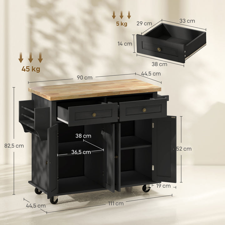 Ilha de Cozinha com Rodas Móvel Auxiliar de Cozinha com 2 Gavetas 4 Portas Suporte para Temperos e Barra Lateral 111x44,5x82,5 cm Preto e Madeira