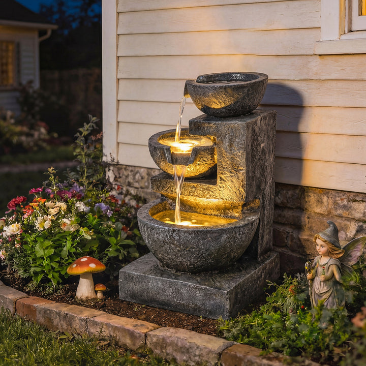 Fonte de Água Decorativa com Iluminação LED e Bomba Fonte de Jardim Exterior em Cascata de 3 Níveis Resistente às Intempéries para Jardim Pátio Terraço 40x37x61 cm Multicolor