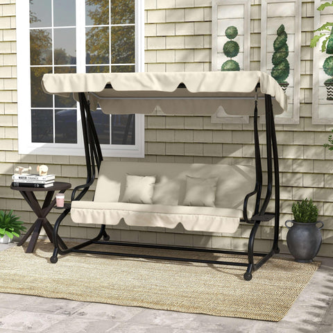 Banco Baloiço de Jardim Banco Baloiço de 3 Lugares Baloiço de Jardim Convertível em Cama com Toldo Ajustável Suportes Laterais e 2 Almofadas Carga 340 kg 200x120x164 cm Creme
