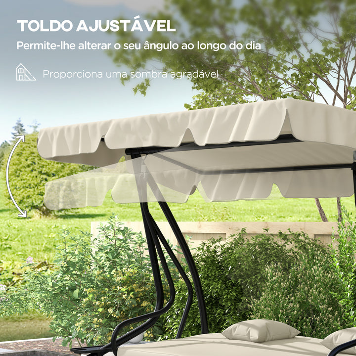 Banco Baloiço de Jardim Banco Baloiço de 3 Lugares Baloiço de Jardim Convertível em Cama com Toldo Ajustável Suportes Laterais e 2 Almofadas Carga 340 kg 200x120x164 cm Creme