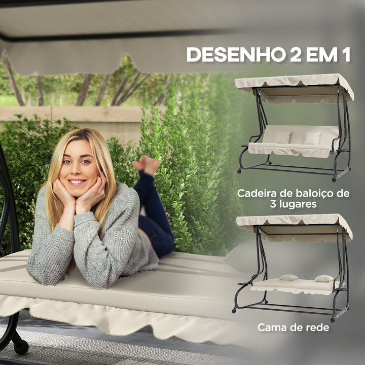 Banco Baloiço de Jardim Banco Baloiço de 3 Lugares Baloiço de Jardim Convertível em Cama com Toldo Ajustável Suportes Laterais e 2 Almofadas Carga 340 kg 200x120x164 cm Creme