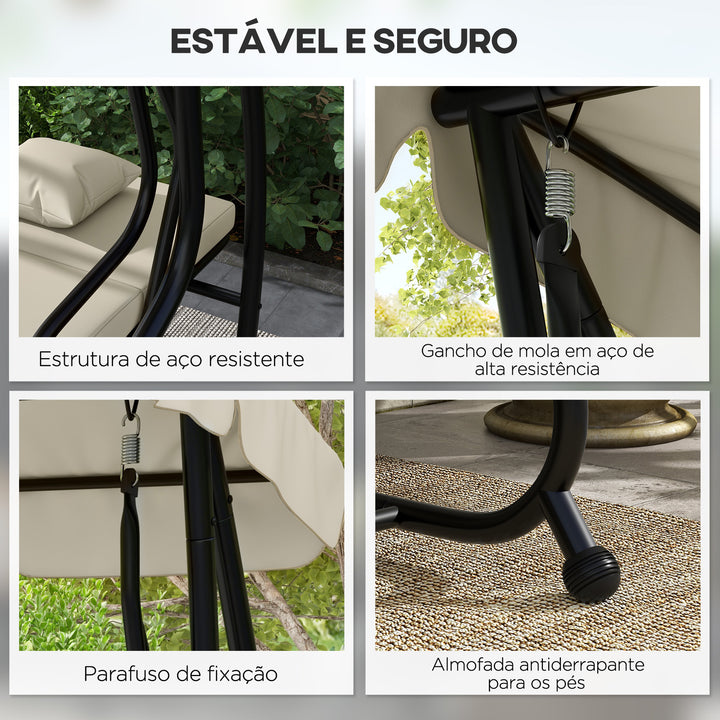 Banco Baloiço de Jardim Banco Baloiço de 3 Lugares Baloiço de Jardim Convertível em Cama com Toldo Ajustável Suportes Laterais e 2 Almofadas Carga 340 kg 200x120x164 cm Creme
