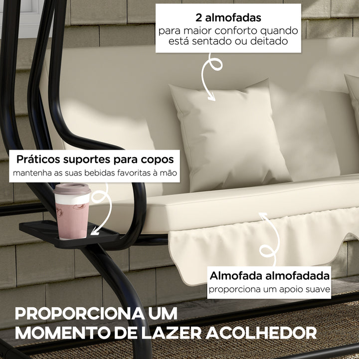 Banco Baloiço de Jardim Banco Baloiço de 3 Lugares Baloiço de Jardim Convertível em Cama com Toldo Ajustável Suportes Laterais e 2 Almofadas Carga 340 kg 200x120x164 cm Creme