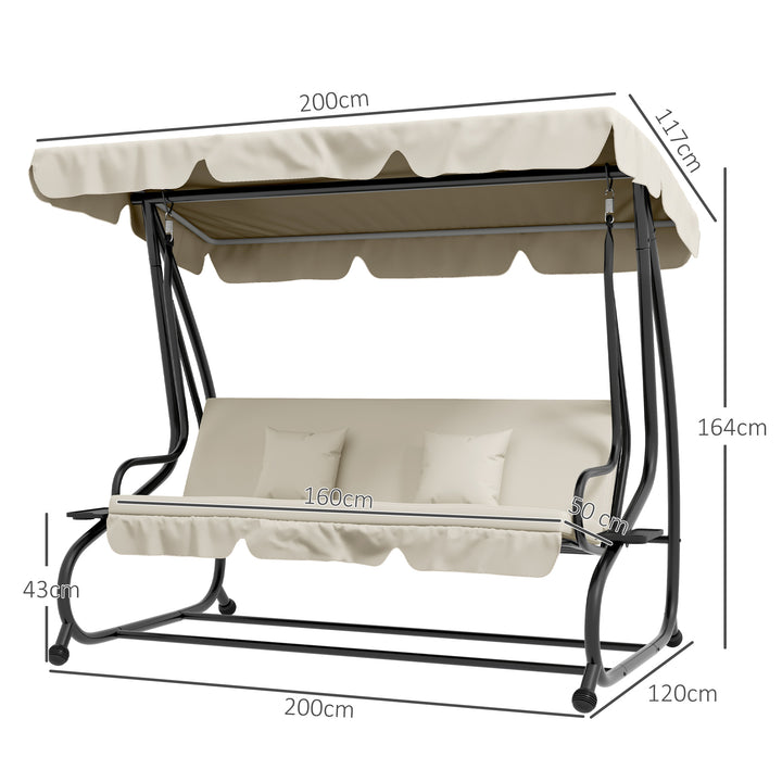 Banco Baloiço de Jardim Banco Baloiço de 3 Lugares Baloiço de Jardim Convertível em Cama com Toldo Ajustável Suportes Laterais e 2 Almofadas Carga 340 kg 200x120x164 cm Creme