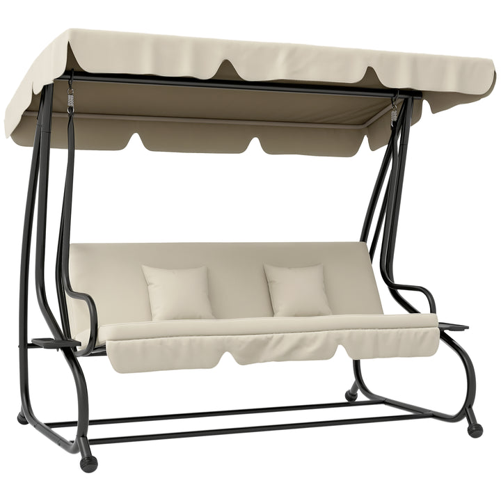 Banco Baloiço de Jardim Banco Baloiço de 3 Lugares Baloiço de Jardim Convertível em Cama com Toldo Ajustável Suportes Laterais e 2 Almofadas Carga 340 kg 200x120x164 cm Creme